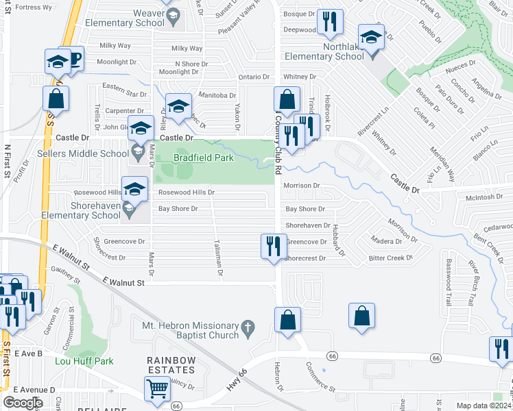 map of restaurants, bars, coffee shops, grocery stores, and more near 1309 Bay Shore Drive in Garland