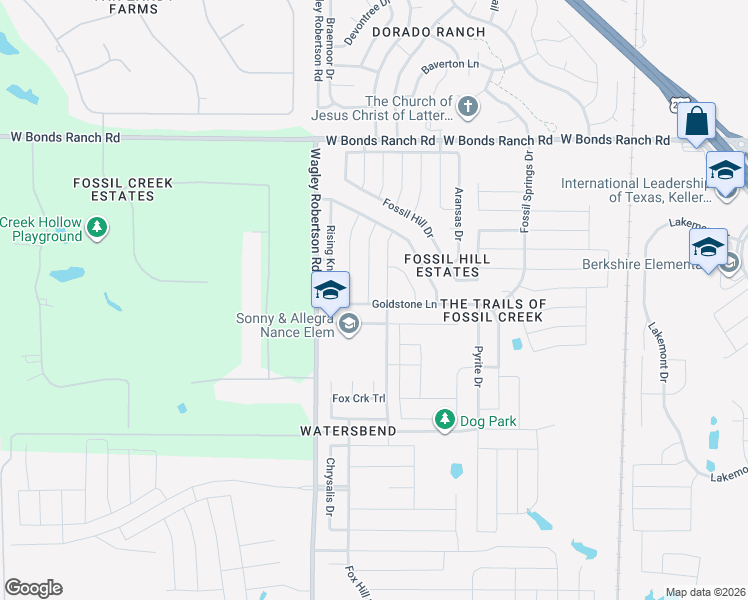 map of restaurants, bars, coffee shops, grocery stores, and more near 10400 Hideaway Trail in Fort Worth