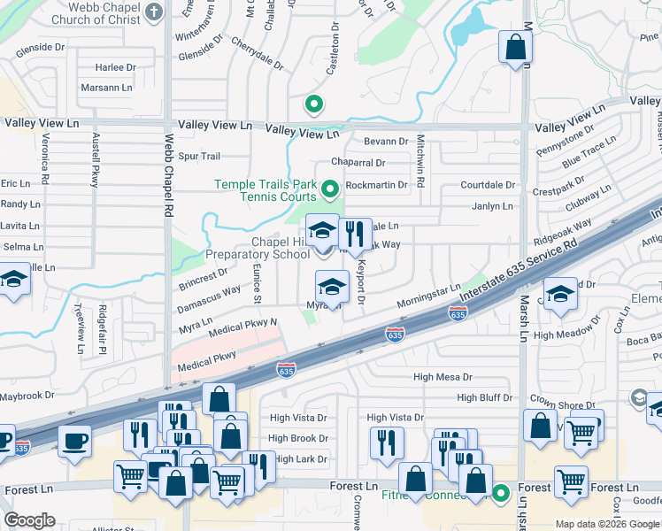 map of restaurants, bars, coffee shops, grocery stores, and more near 12701 Templeton Trail in Dallas