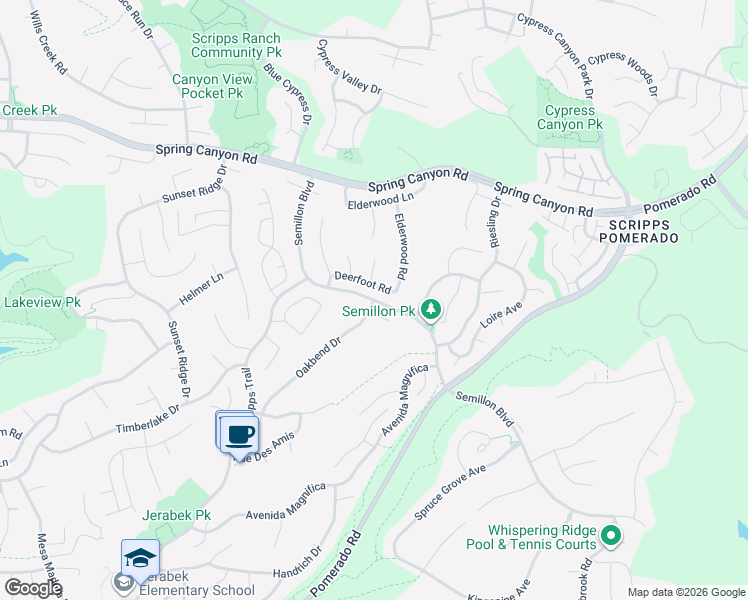 map of restaurants, bars, coffee shops, grocery stores, and more near Semillon Boulevard & Oakbend Drive in San Diego
