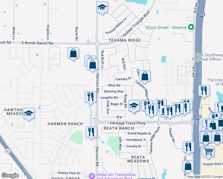 map of restaurants, bars, coffee shops, grocery stores, and more near 2133 Benning Way in Fort Worth