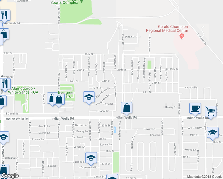 map of restaurants, bars, coffee shops, grocery stores, and more near 1308 Desert Dawn Drive in Alamogordo