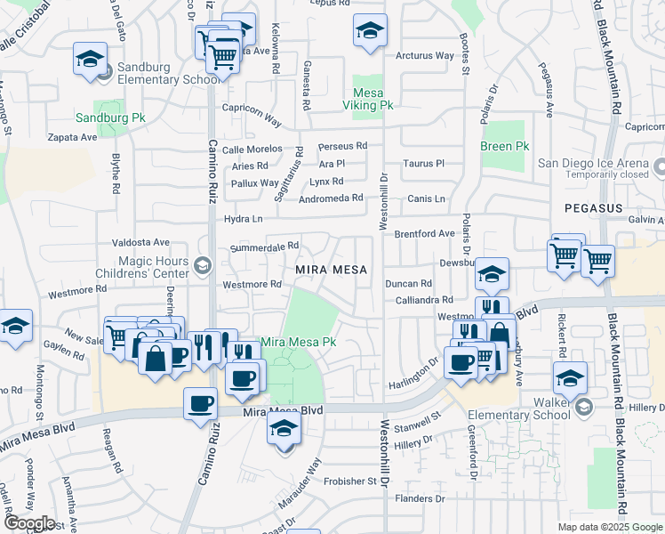 map of restaurants, bars, coffee shops, grocery stores, and more near 8602 Garde Court in San Diego