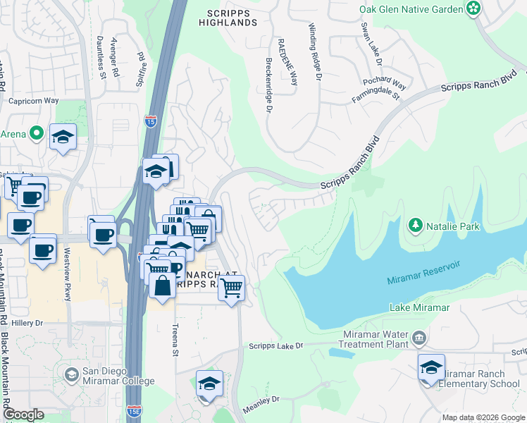 map of restaurants, bars, coffee shops, grocery stores, and more near 11659 Miro Circle in San Diego