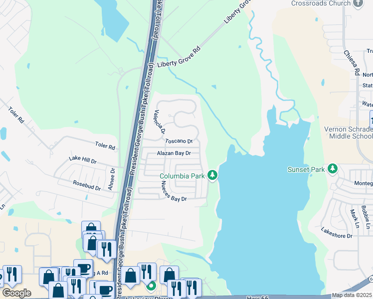 map of restaurants, bars, coffee shops, grocery stores, and more near 6521 Toscano Drive in Rowlett