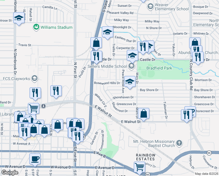 map of restaurants, bars, coffee shops, grocery stores, and more near 406 Rosewood Hills Drive in Garland