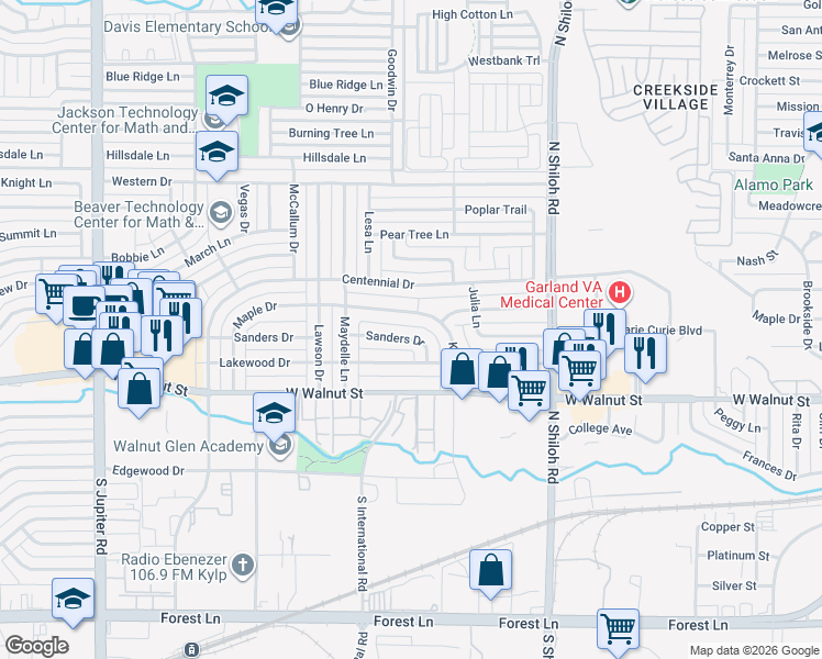 map of restaurants, bars, coffee shops, grocery stores, and more near 2802 Maple Drive in Garland