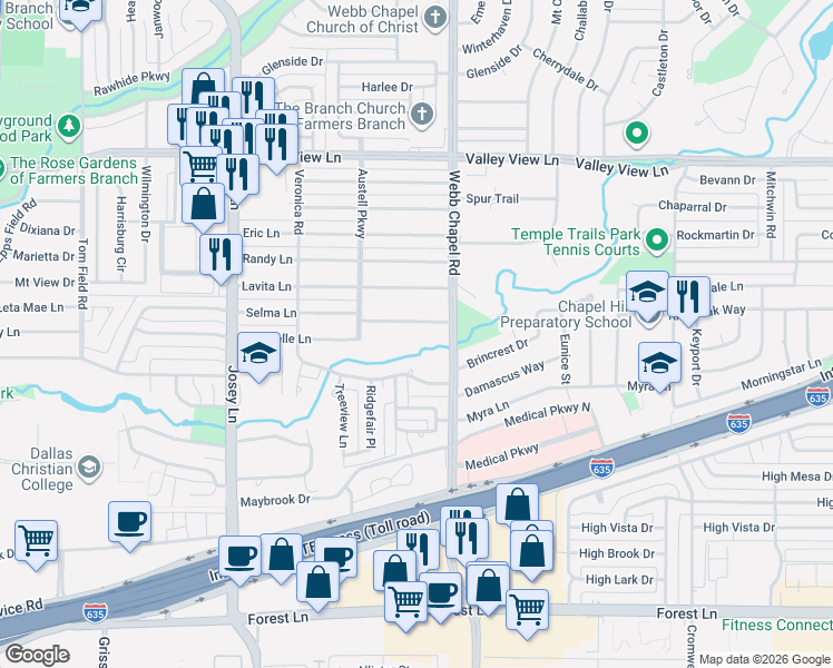 map of restaurants, bars, coffee shops, grocery stores, and more near 3039 Selma Lane in Farmers Branch