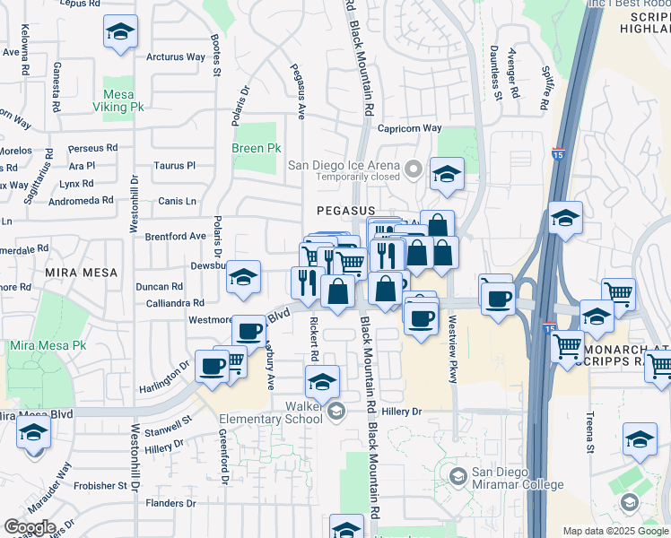 map of restaurants, bars, coffee shops, grocery stores, and more near 10909 Draco Road in San Diego