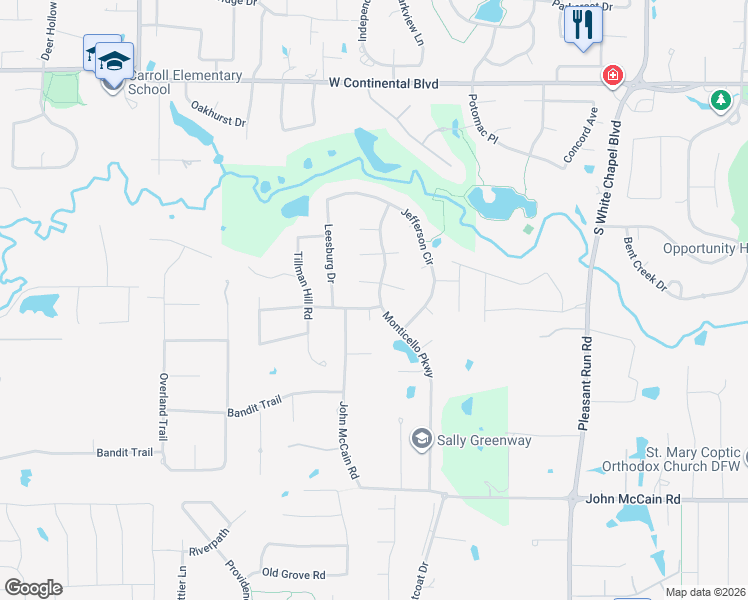 map of restaurants, bars, coffee shops, grocery stores, and more near 105 Colonial Square in Colleyville