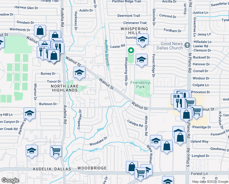 map of restaurants, bars, coffee shops, grocery stores, and more near 10110 Walnut Street in Dallas