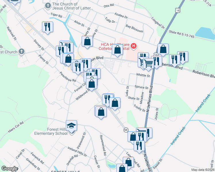 map of restaurants, bars, coffee shops, grocery stores, and more near 457 Spruce Street in Walterboro
