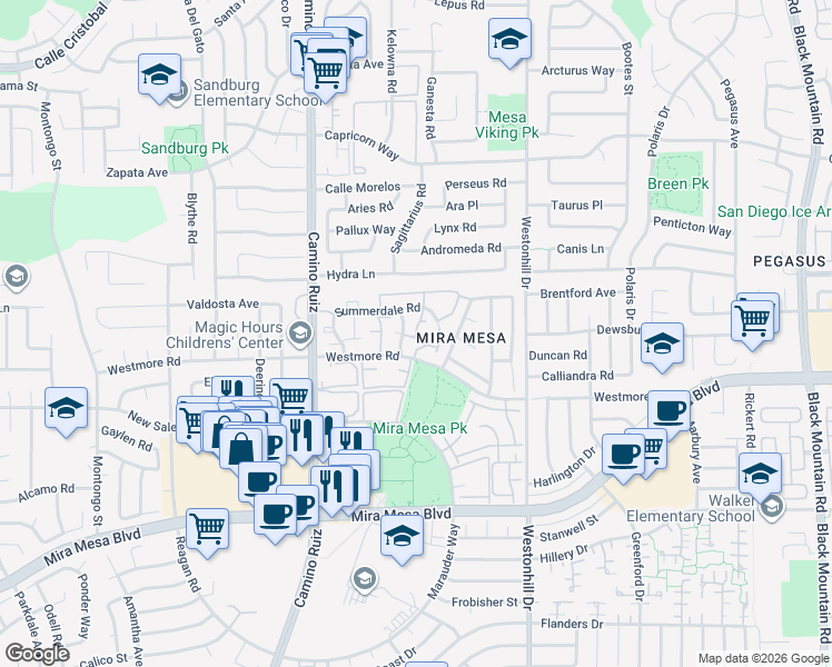 map of restaurants, bars, coffee shops, grocery stores, and more near 8521 Summerdale Road in San Diego