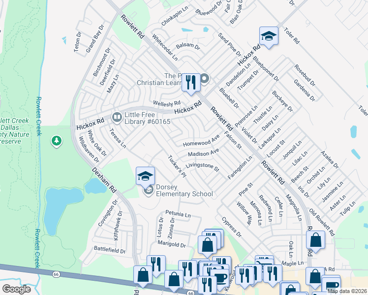 map of restaurants, bars, coffee shops, grocery stores, and more near 6105 Homewood Avenue in Rowlett