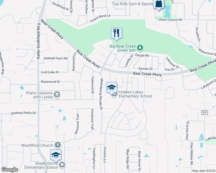 map of restaurants, bars, coffee shops, grocery stores, and more near 802 Hidden Woods Drive in Keller