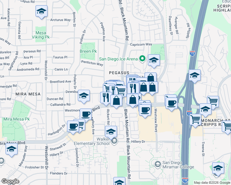 map of restaurants, bars, coffee shops, grocery stores, and more near 9223 Gemini Avenue in San Diego