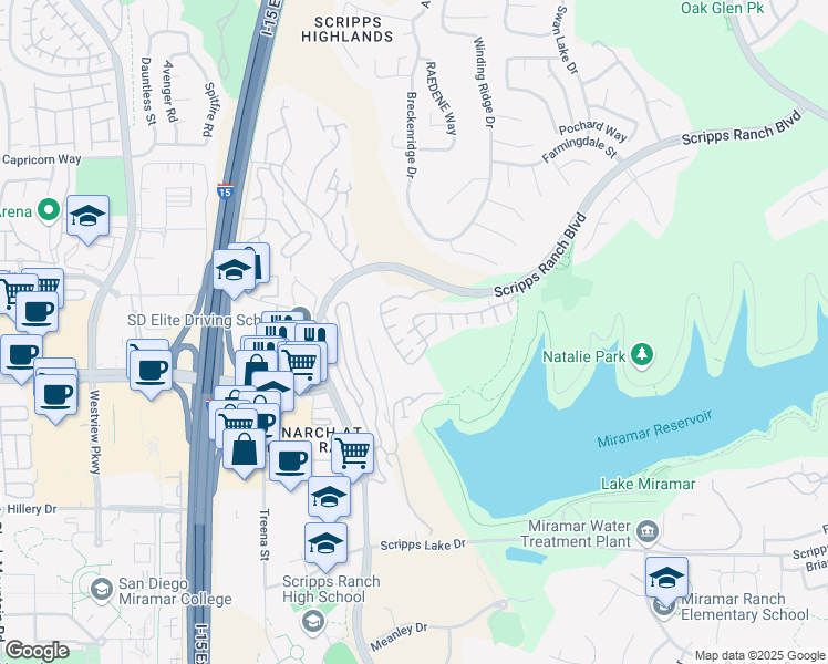 map of restaurants, bars, coffee shops, grocery stores, and more near 11660 Miro Circle in San Diego