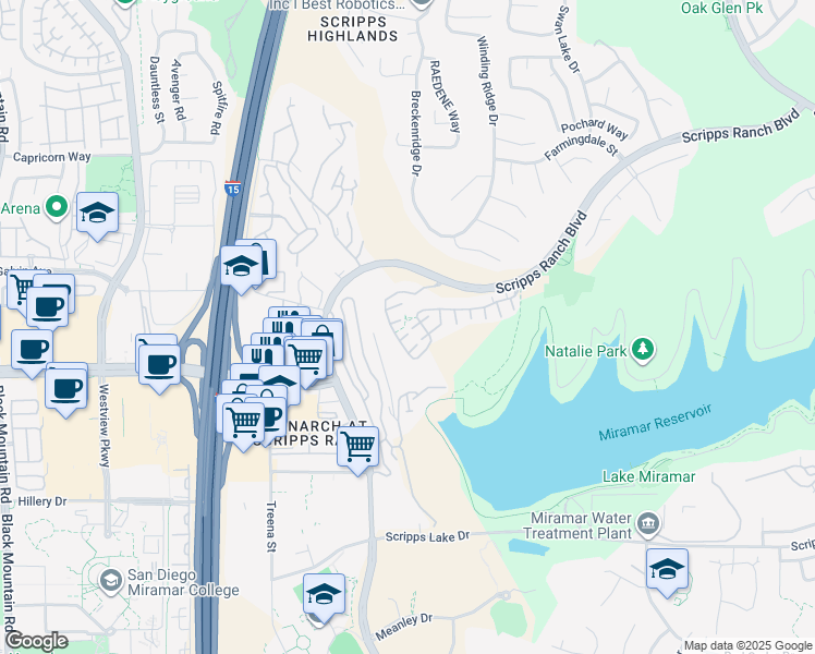 map of restaurants, bars, coffee shops, grocery stores, and more near 11424 Miro Circle in San Diego