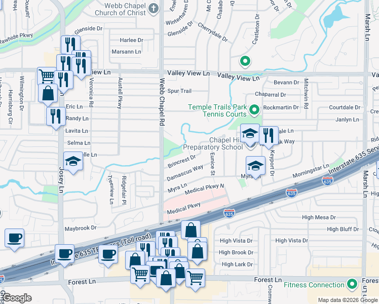 map of restaurants, bars, coffee shops, grocery stores, and more near 3161 Brincrest Circle in Farmers Branch