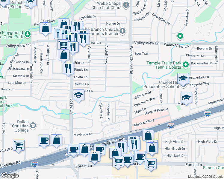 map of restaurants, bars, coffee shops, grocery stores, and more near 3016 Selma Lane in Farmers Branch