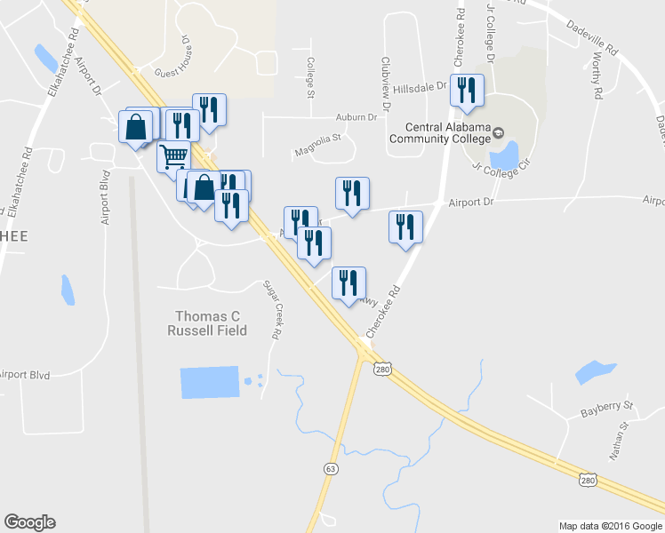 map of restaurants, bars, coffee shops, grocery stores, and more near Aliant Parkway in Alexander City
