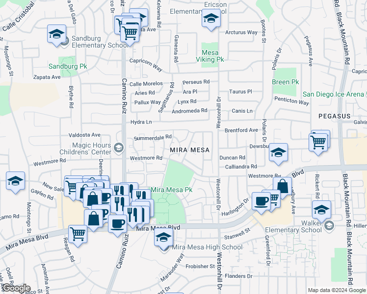 map of restaurants, bars, coffee shops, grocery stores, and more near 8585 Summerdale Road in San Diego