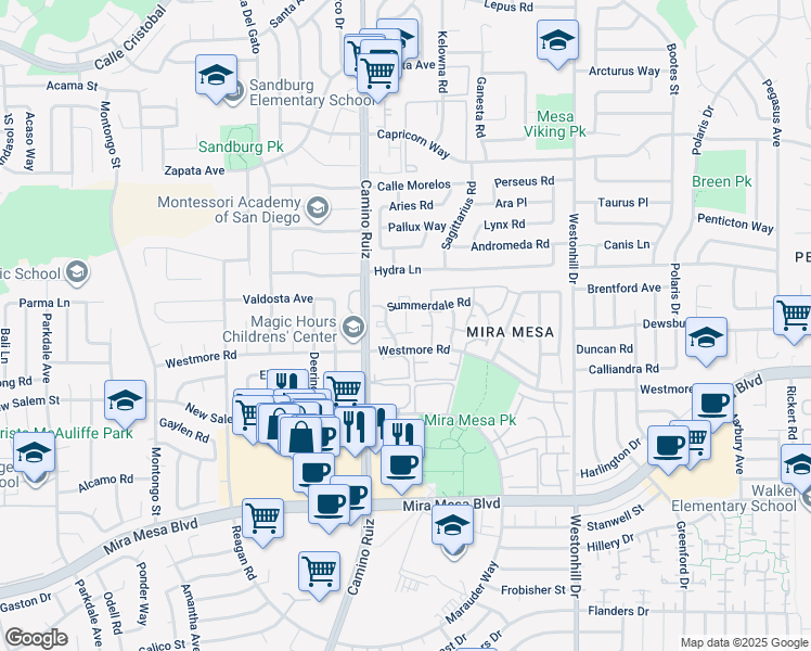 map of restaurants, bars, coffee shops, grocery stores, and more near 8455 Summerdale Road in San Diego