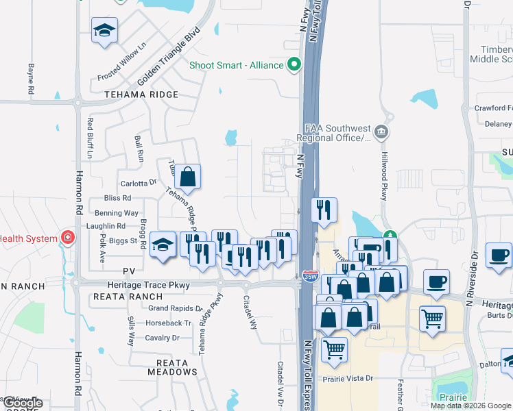 map of restaurants, bars, coffee shops, grocery stores, and more near 9840 Tule Lake Road in Fort Worth