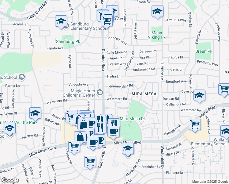 map of restaurants, bars, coffee shops, grocery stores, and more near 8353 Summerdale Road in San Diego