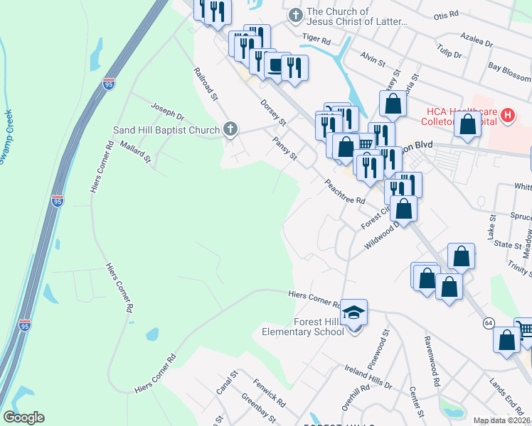 map of restaurants, bars, coffee shops, grocery stores, and more near in Walterboro