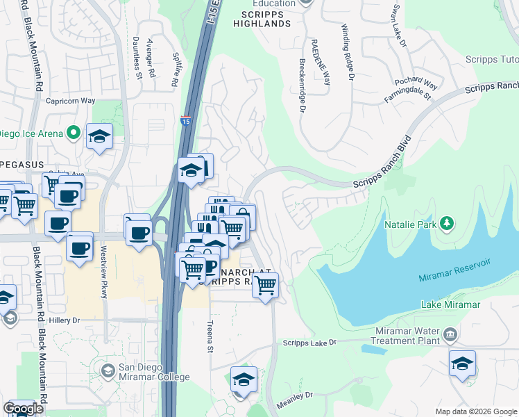 map of restaurants, bars, coffee shops, grocery stores, and more near 11077 Scripps Ranch Boulevard in San Diego