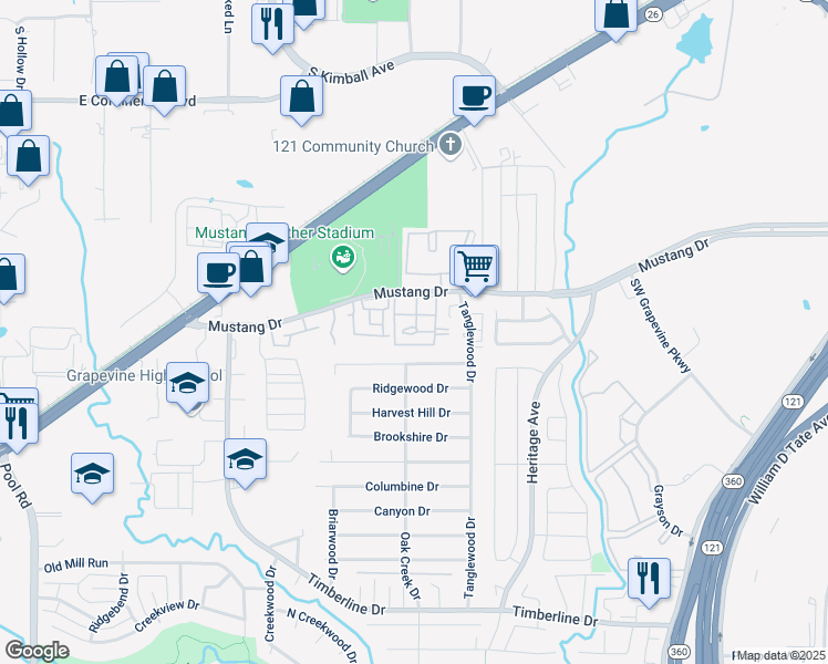 map of restaurants, bars, coffee shops, grocery stores, and more near 2905 Mustang Drive in Grapevine