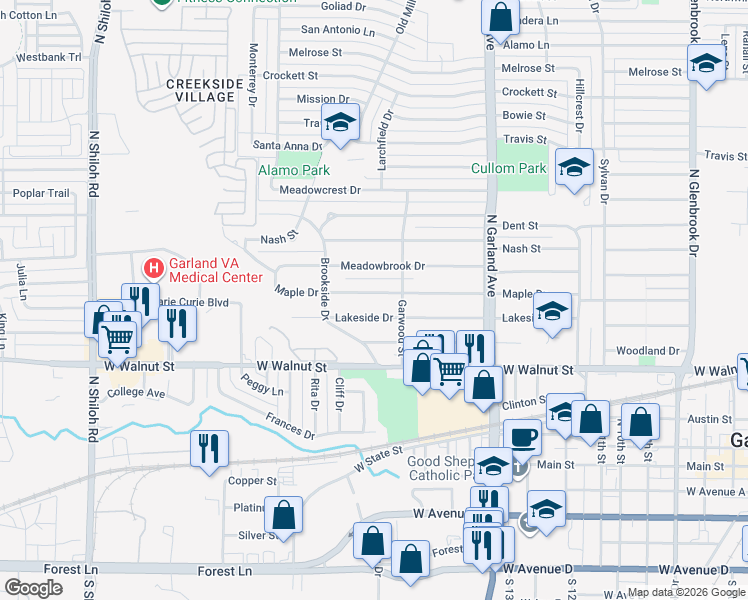 map of restaurants, bars, coffee shops, grocery stores, and more near 1507 Maple Drive in Garland