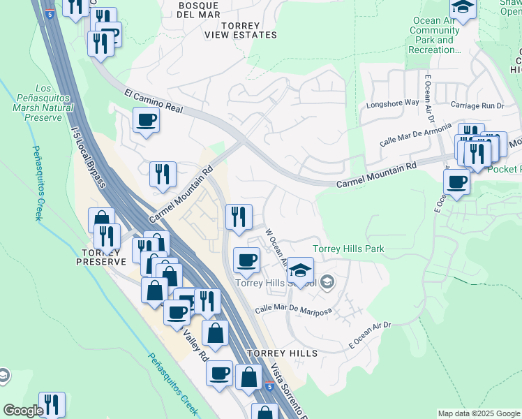 map of restaurants, bars, coffee shops, grocery stores, and more near 3961 Corte Mar De Hierba in San Diego