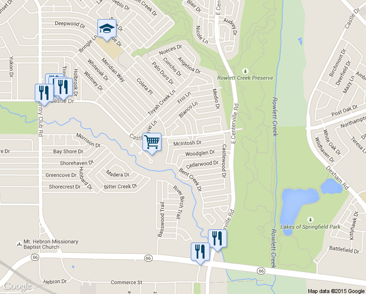 map of restaurants, bars, coffee shops, grocery stores, and more near 2155 McIntosh Drive in Garland