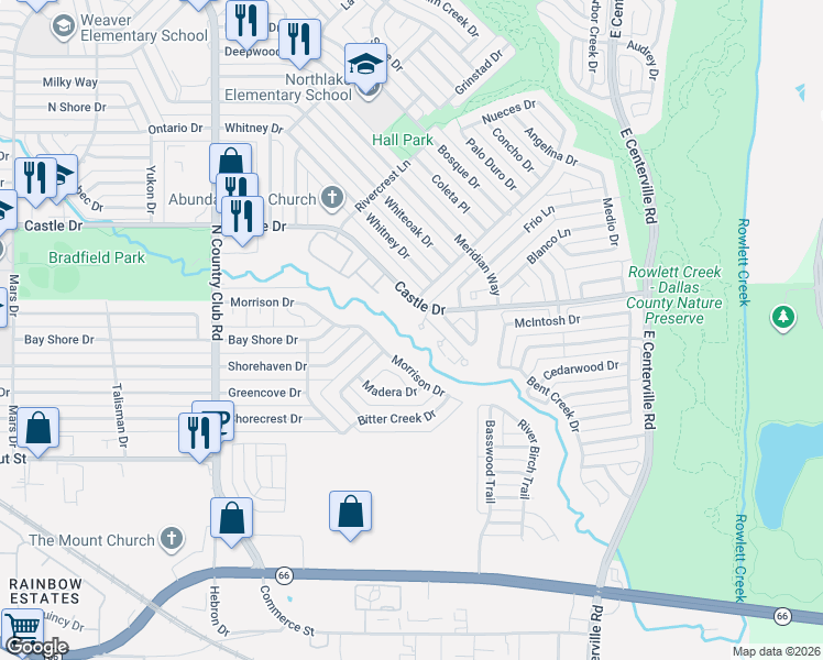 map of restaurants, bars, coffee shops, grocery stores, and more near 804 Clarissa Place in Garland