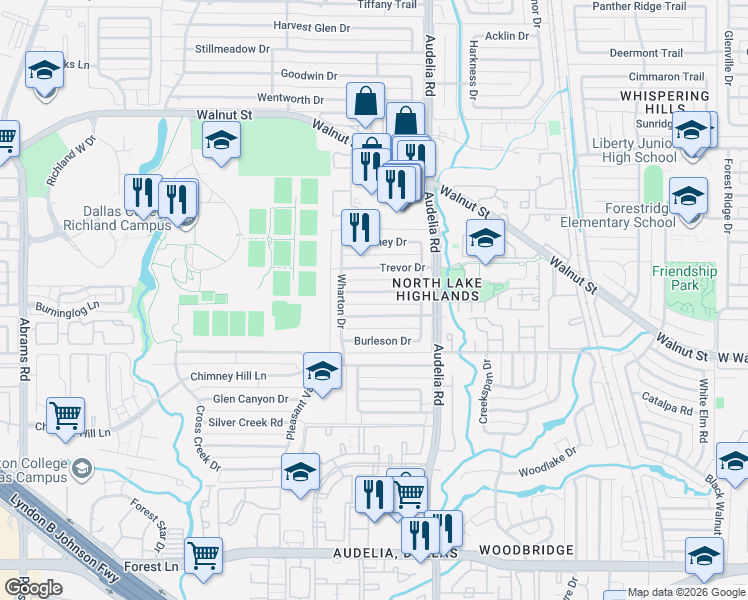 map of restaurants, bars, coffee shops, grocery stores, and more near 9731 Windham Drive in Dallas