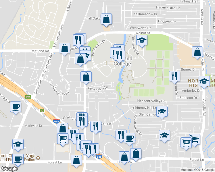 map of restaurants, bars, coffee shops, grocery stores, and more near 13136 Woodbend Lane in Dallas