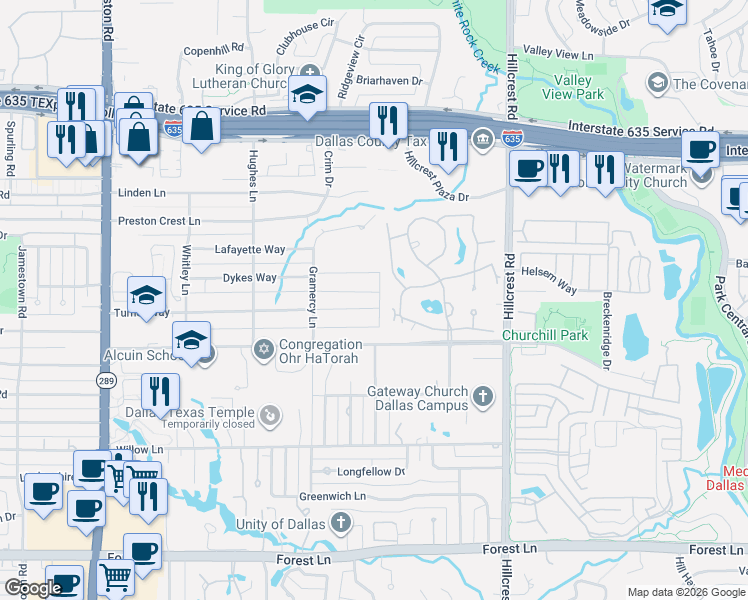 map of restaurants, bars, coffee shops, grocery stores, and more near 6565 Turner Way in Dallas