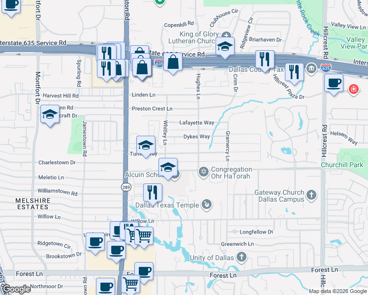 map of restaurants, bars, coffee shops, grocery stores, and more near 6246 Dykes Way in Dallas