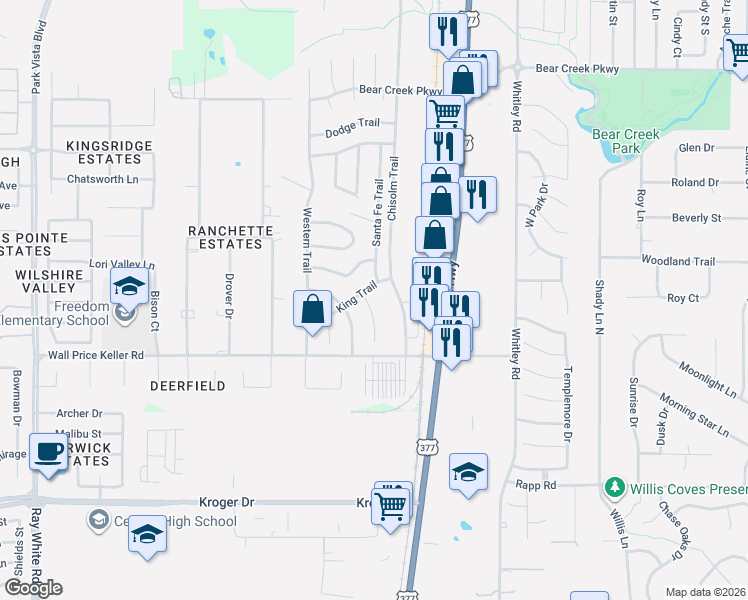 map of restaurants, bars, coffee shops, grocery stores, and more near 1001 Palo Duro Trail in Keller