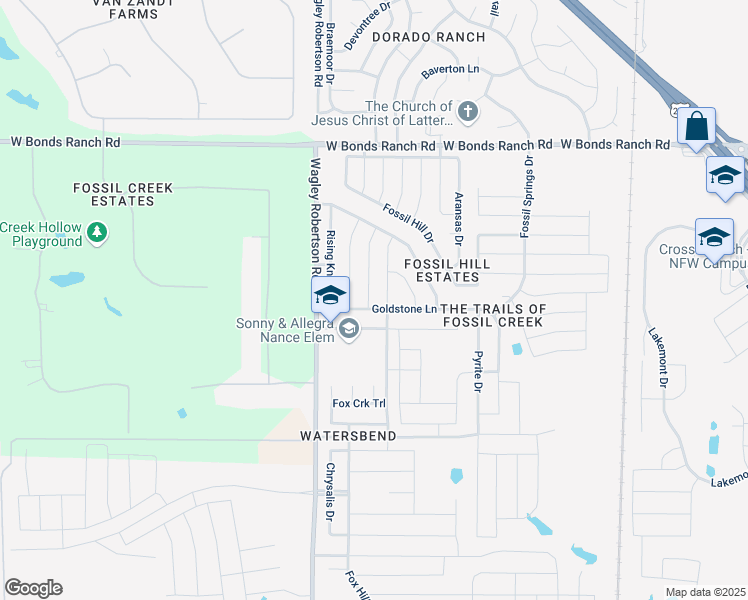 map of restaurants, bars, coffee shops, grocery stores, and more near 10404 Hideaway Trail in Fort Worth