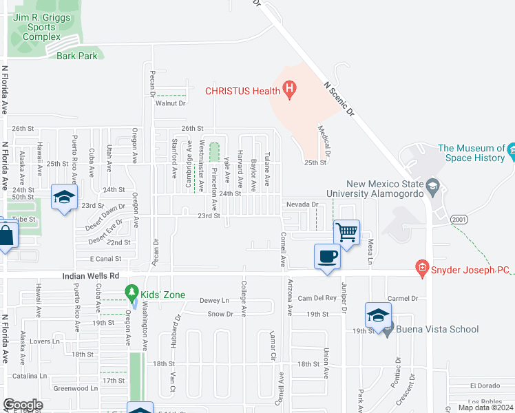 map of restaurants, bars, coffee shops, grocery stores, and more near 2304 Baylor Avenue in Alamogordo