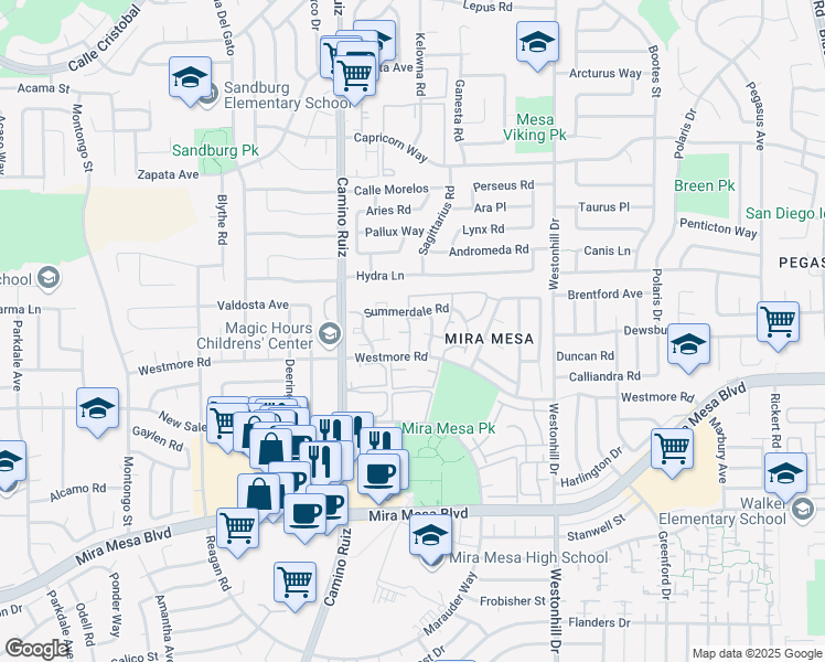 map of restaurants, bars, coffee shops, grocery stores, and more near 8503 Summerdale Road in San Diego