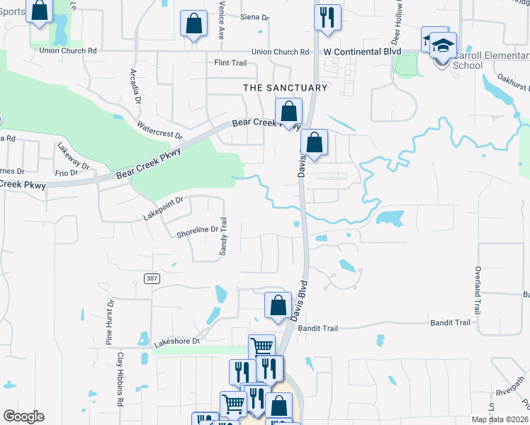map of restaurants, bars, coffee shops, grocery stores, and more near 8757 Davis Boulevard in Keller
