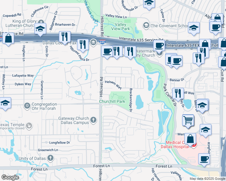 map of restaurants, bars, coffee shops, grocery stores, and more near 6910 Hill Park Drive in Dallas