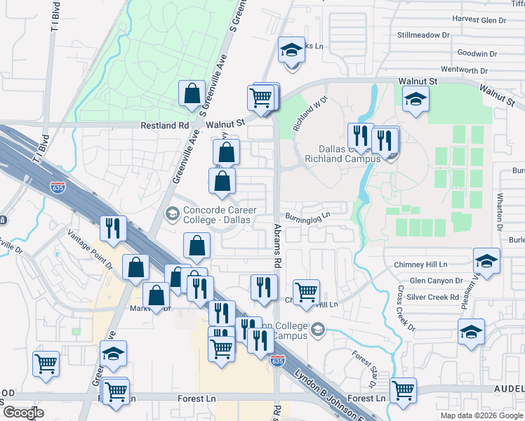 map of restaurants, bars, coffee shops, grocery stores, and more near 9326 Chimney Sweep Lane in Dallas