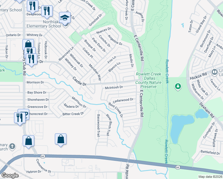 map of restaurants, bars, coffee shops, grocery stores, and more near 2155 McIntosh Drive in Garland