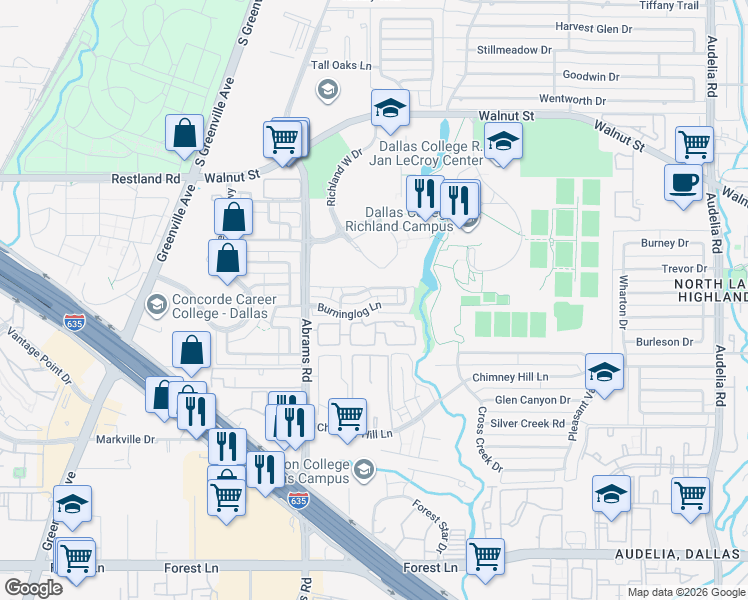 map of restaurants, bars, coffee shops, grocery stores, and more near 13031 Burninglog Lane in Dallas