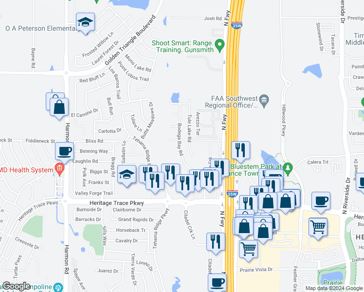 map of restaurants, bars, coffee shops, grocery stores, and more near 9824 Bodega Bay Road in Fort Worth
